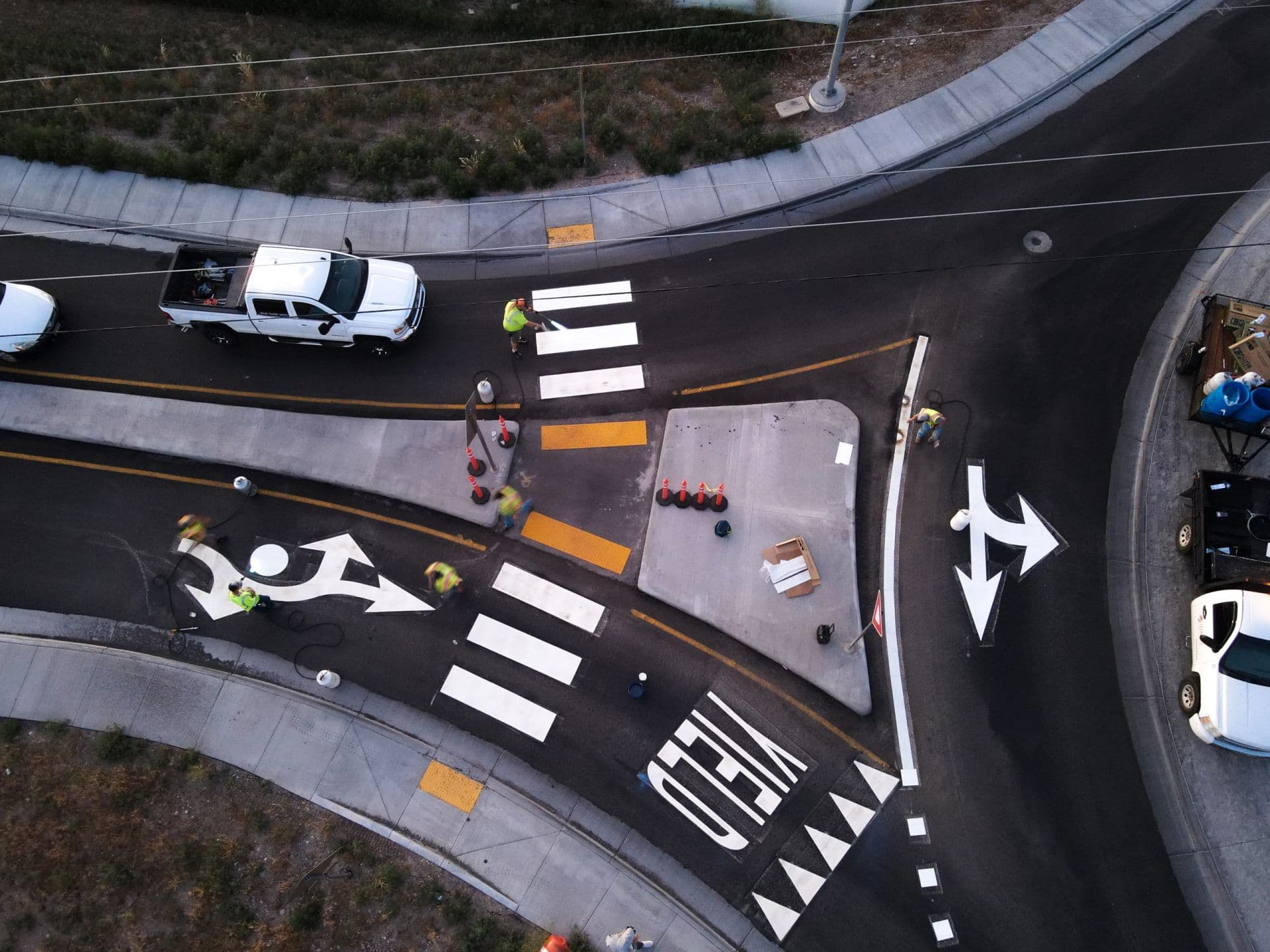 Hand-striping a new roundabout
