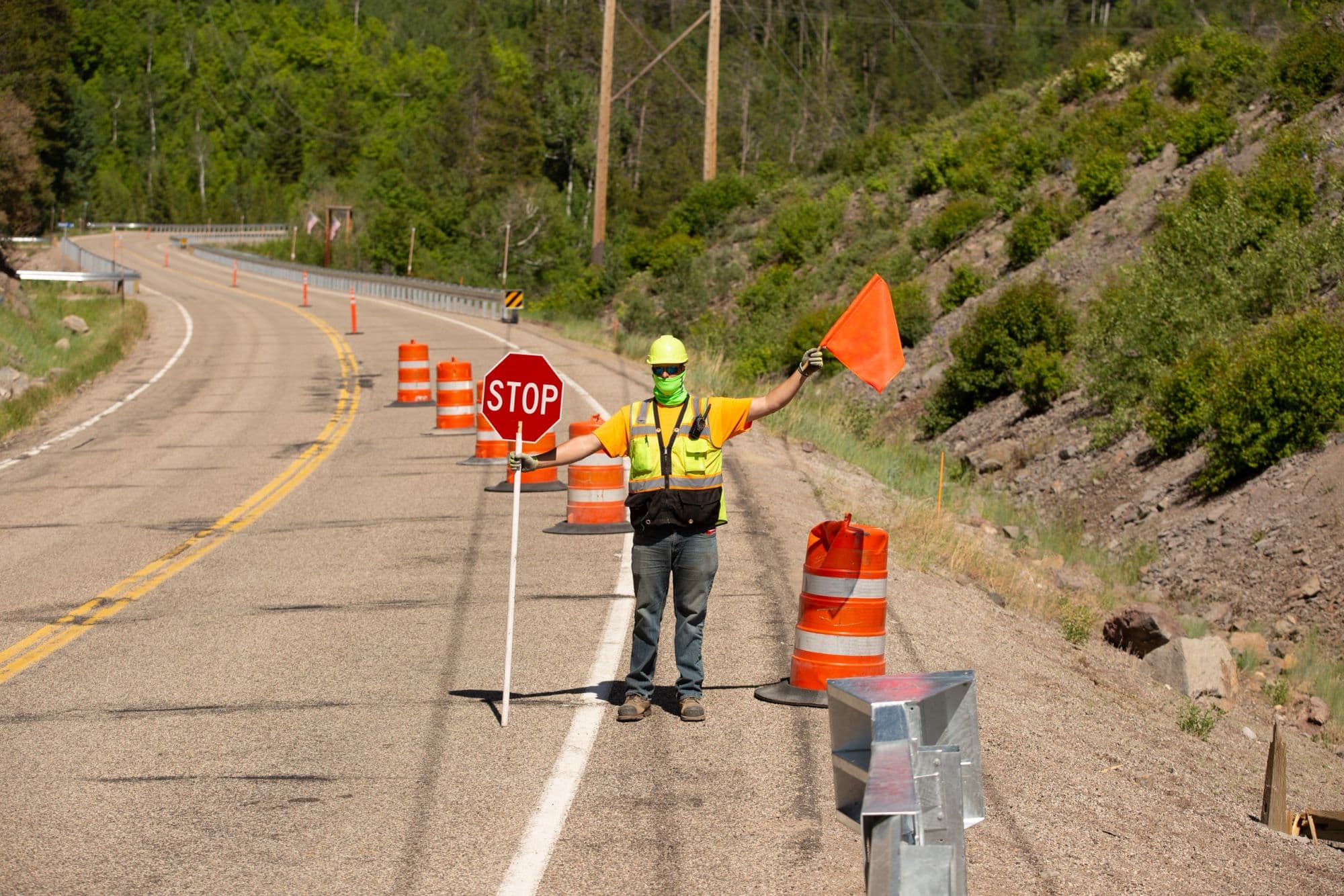 Flagging traffic on a rural highway